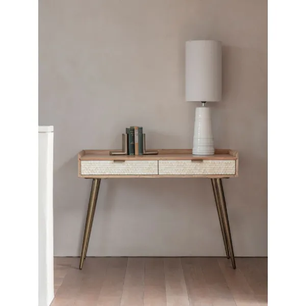 Cream and Natural Wood Bone Inlay 2 Drawer Desk Brass Legs