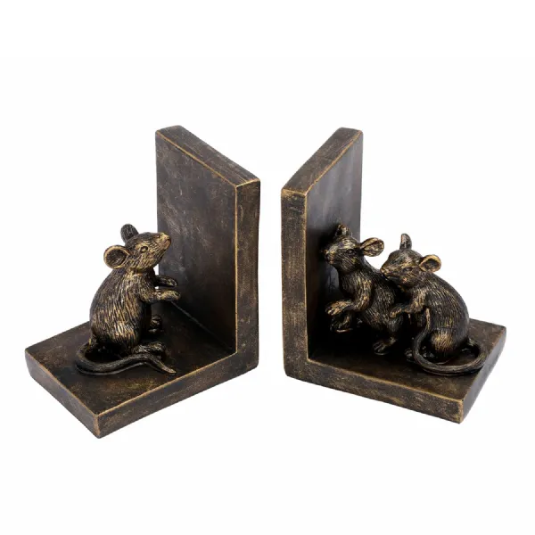 Antique Gold Mouse Bookends with Sculpted Mice