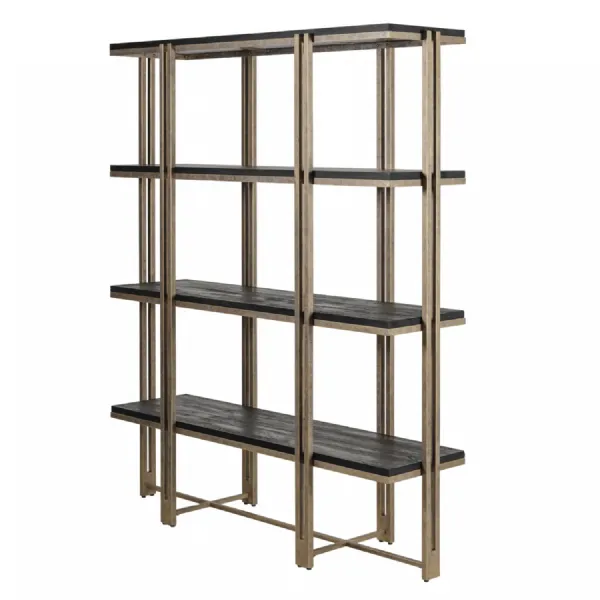 Black Mango Wood Open Shelving Unit Gold Iron Framed