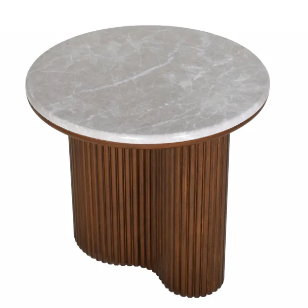 Grey Marble and Natural Wooden Fluted Round Side Table