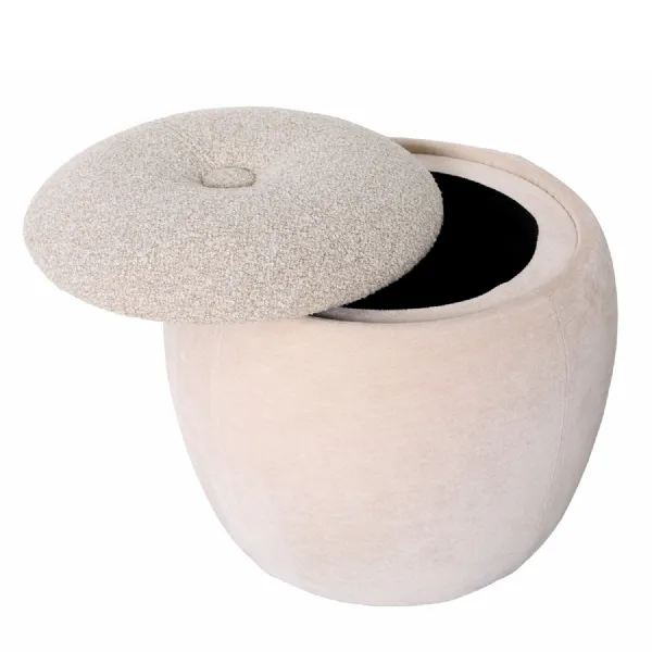 Cream Fabric Round Stool with Hidden Storage