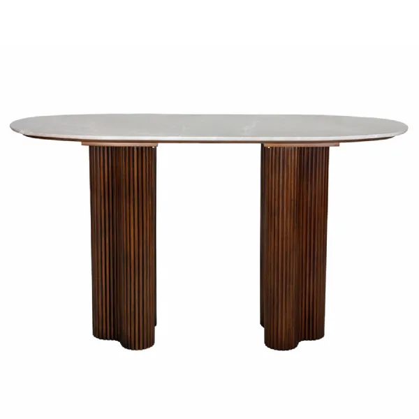 Grey Marble Top Console Table with Walnut Fluted Base
