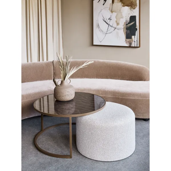 Ripple Design Glass Top Coffee Table Set with Fabric Pouffe
