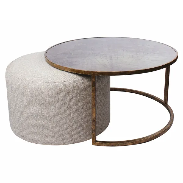 Black and White Round Brass Base Coffee Table with Pouffe