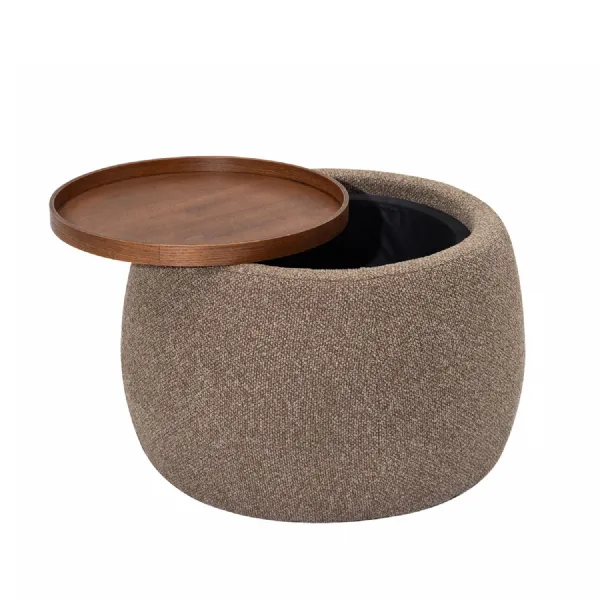Coffee Fabric Storage Round Small Ottoman with Walnut Tray