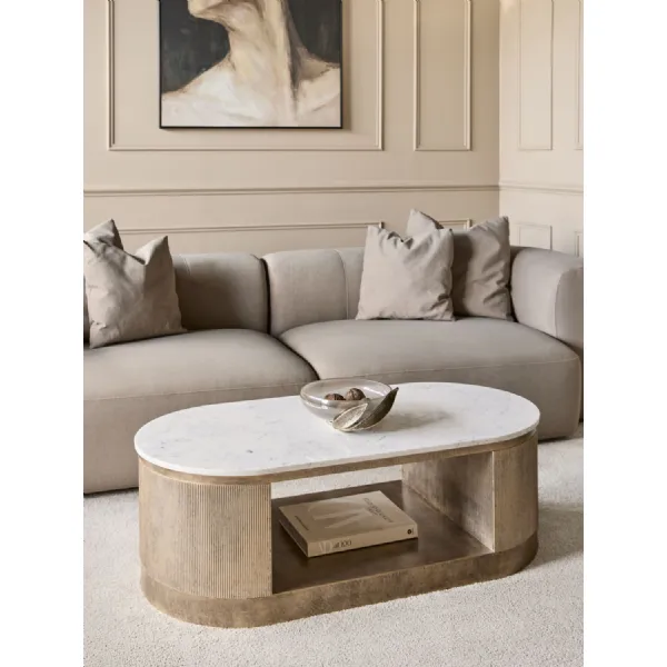 Champagne Gold Marble Top Oval Coffee Table with Storage