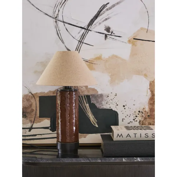 Coffee Brown Cylindrical Glass Table Lamp with Fabric Shade