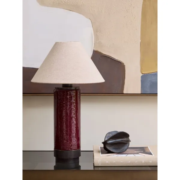 Merlot Red Cylindrical Glass Table Lamp with Fabric Shade