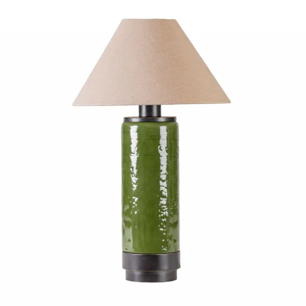 Sea Green Cylindrical Glass Table Lamp with Fabric Shade