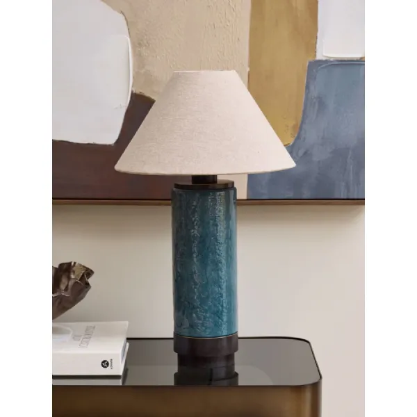 Dolphin Blue Cylindrical Glass Table Lamp with Fabric Shade