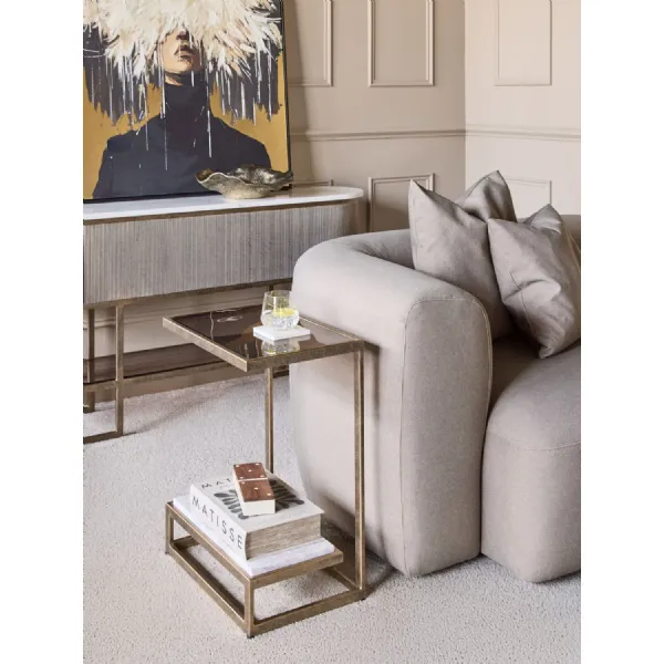 Smoked Glass and Marble Two Tier Champagne Gold Side Table
