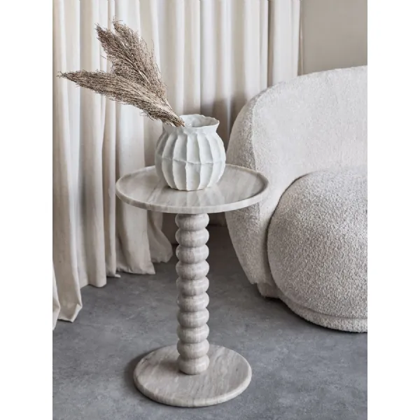 Beige Marble Round Top Side Table with Bobbin Pedestal