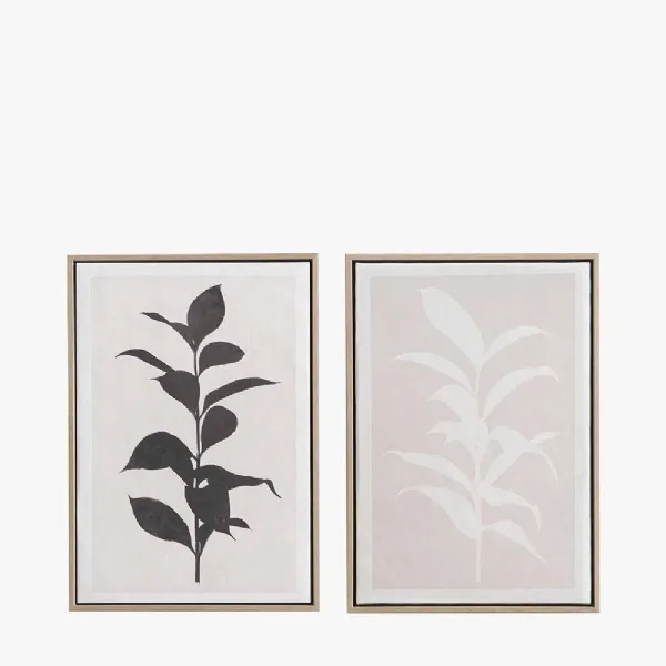 S 2 Natural and Black Leaf Print Canvases with Natural Frames