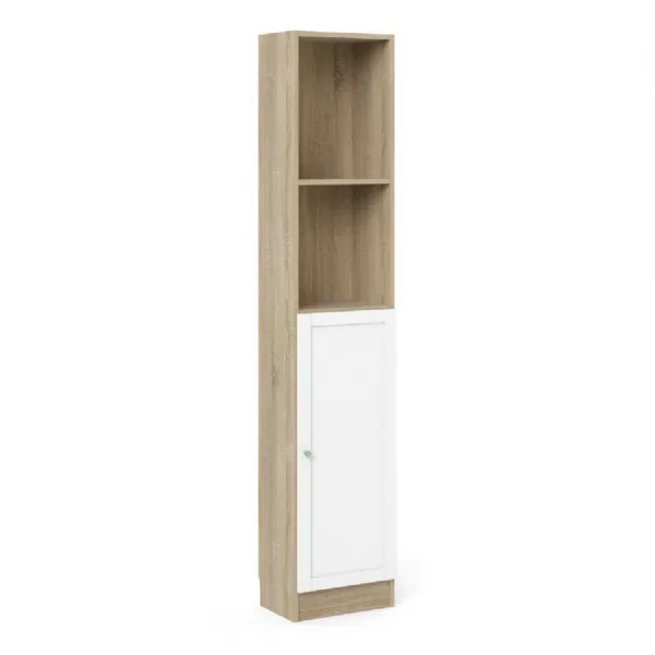 Basic Tall Narrow Combination Storage Bookcase in Oak (4 Shelves) with White Door