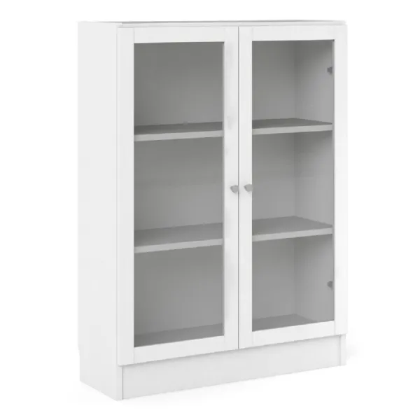 Basic Low Wide Display Cabinet in White (2 Shelves) with 2 Glass Doors in White