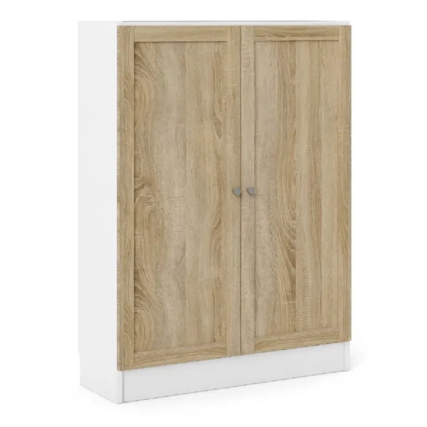 Basic Low Wide Storage Cabinet in White (2 Shelves) with 2 Oak Doors