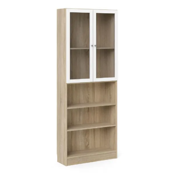 Basic Tall Wide Display Cabinet in Oak (4 Shelves) with 2 Glass White Doors