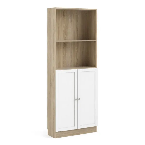 Basic Tall Wide Combination Storage in Oak (4 Shelves) with 2 Doors in White