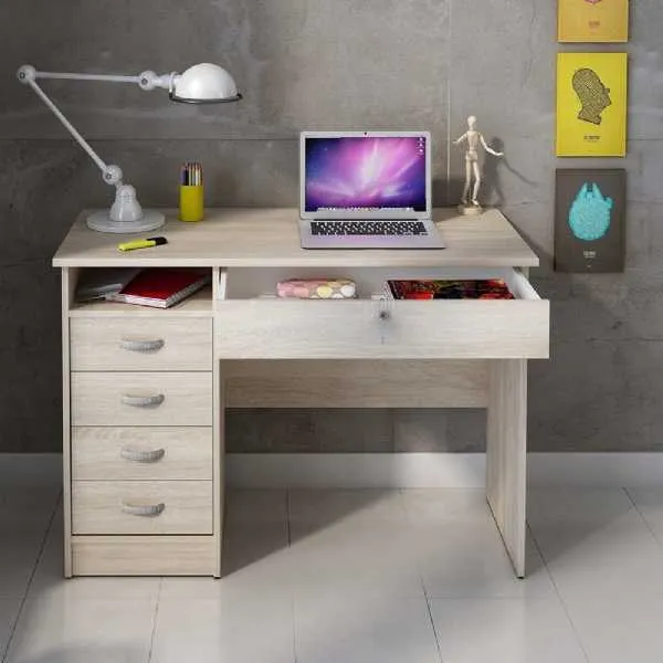Small Lockable Oak 5 Drawer Office Study Desk With Metal Handles