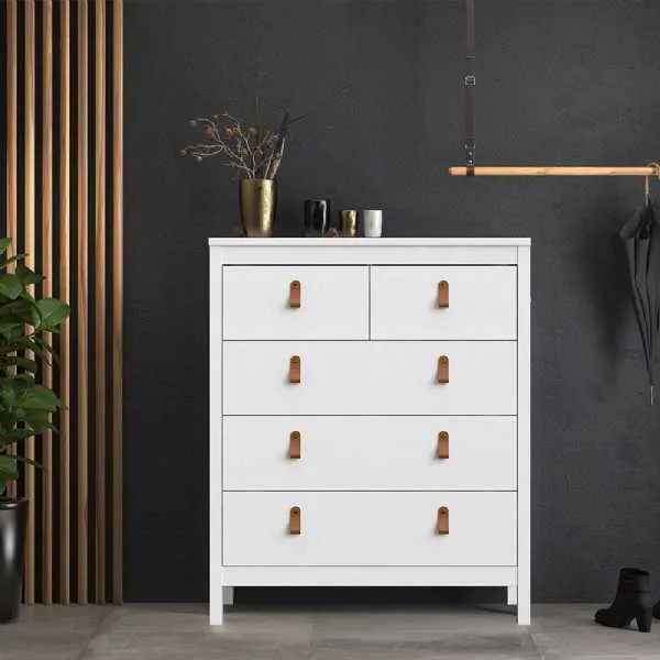 White 5 Drawer Chest With Brown Leather Tab Handles