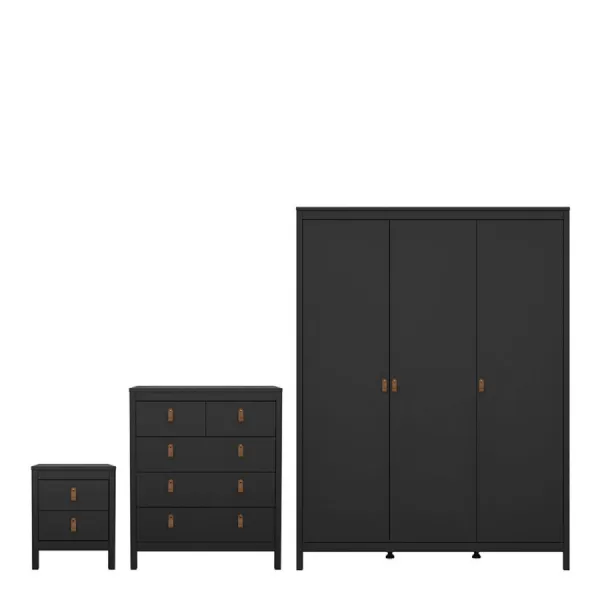 Barcelona Package Bedside Table 2 drawers + Chest 3+2 drawer + Wardrobe with 3 doors in Matt Black