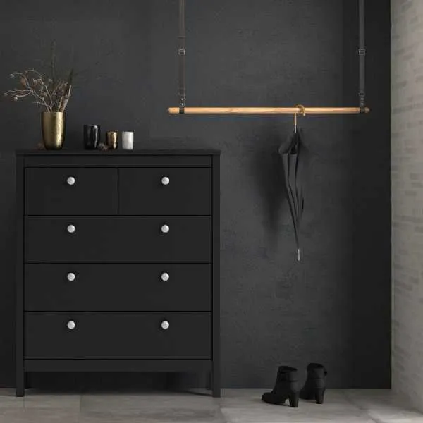 Matt Black 5 Drawer Chest Drawers Round Metal Knobs