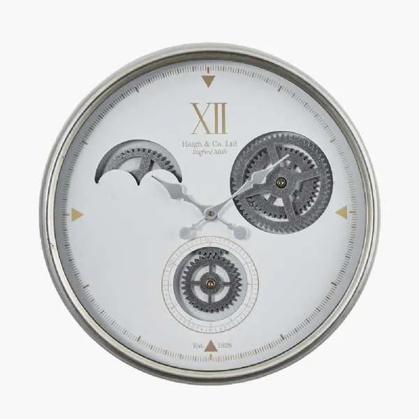 White and Silver Metal Cogs Wall Clock