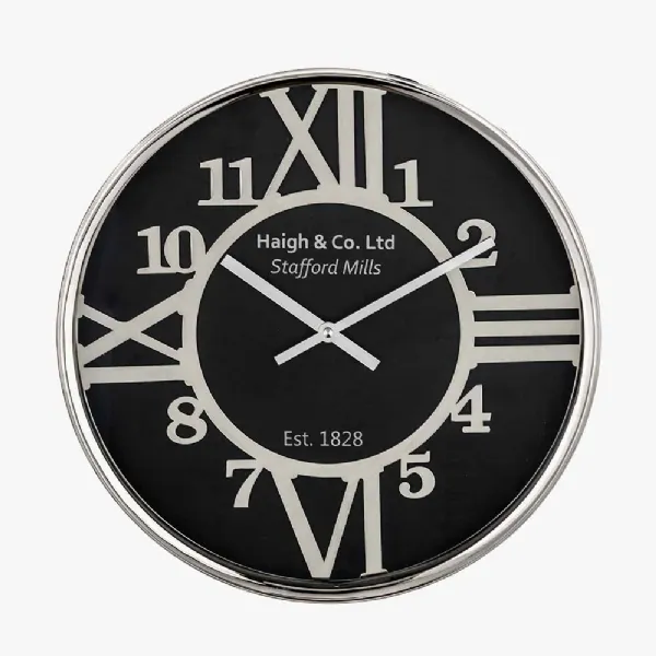 Silver Metal and Black Face Round Wall Clock