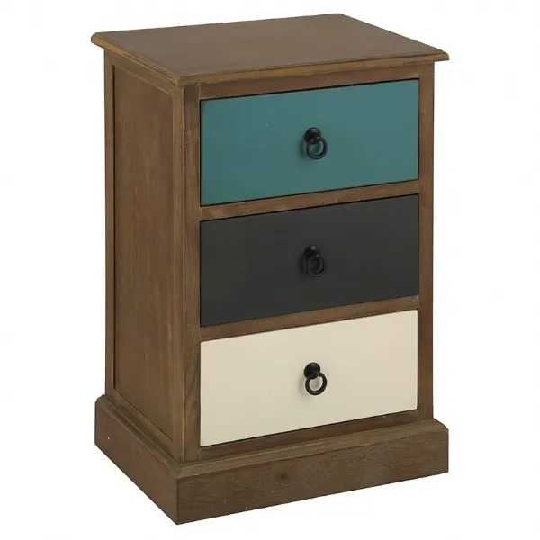 Multicoloured Reclaimed Wood 3 Drawer Bedside Chest