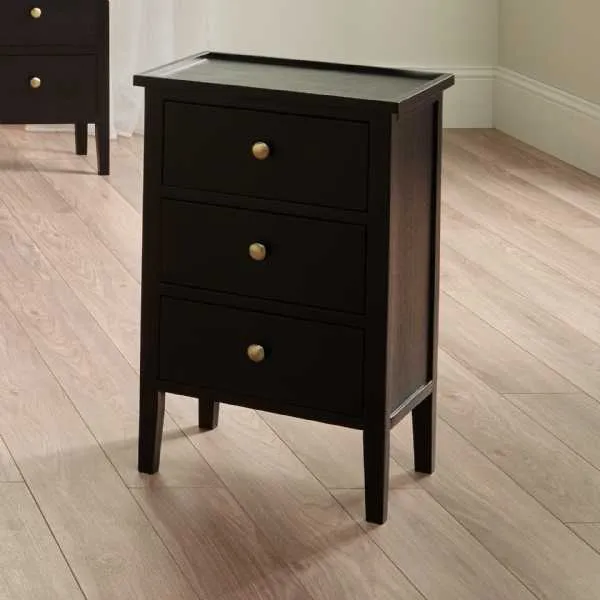 Black 3 Drawer Bedside Table Nightstand Gold Handles
