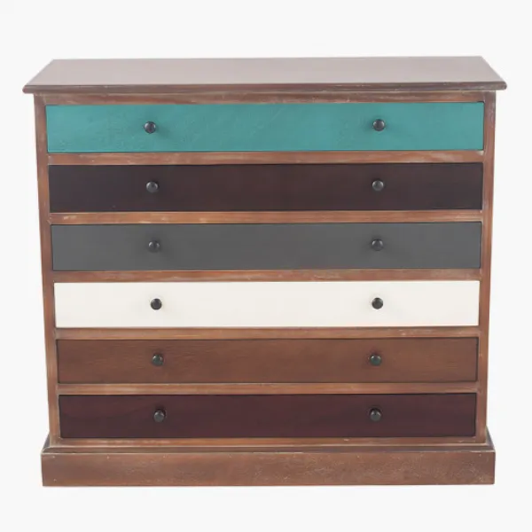 Multi Coloured Pine Wood Large 6 Drawer Storage Unit