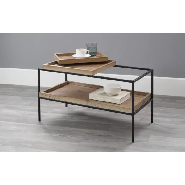 Natural Wood Top Rectangular Coffee Table Black Metal Frame