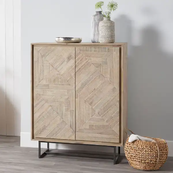 Scandi Whitewash Wood 2 Door Kitchen Bar Cabinet Metal Base