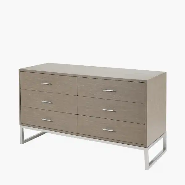 Grey Wash Mango Wood Chest of 6 Drawers Silver Metal Base