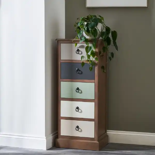 Natural and Sage Multicoloured Pine Wood 5 Drawer Tallboy