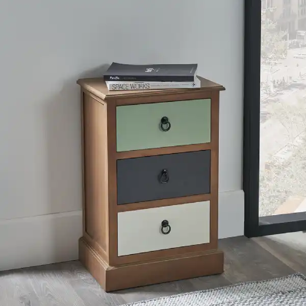 Natural and Sage Multicoloured Wood 3 Drawer Bedside Unit