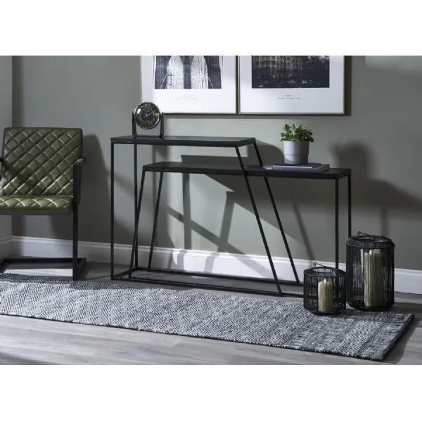 Black Ash Top and Black Metal Frame Console Tables Set of 2