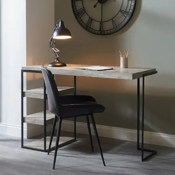 Concrete Effect Wooden 3 Shelf Desk Matt Black Iron Frame