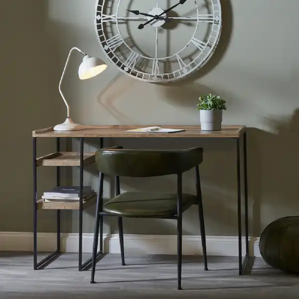 Natural Wooden 2 Shelf Desk with Matt Black Metal Frame