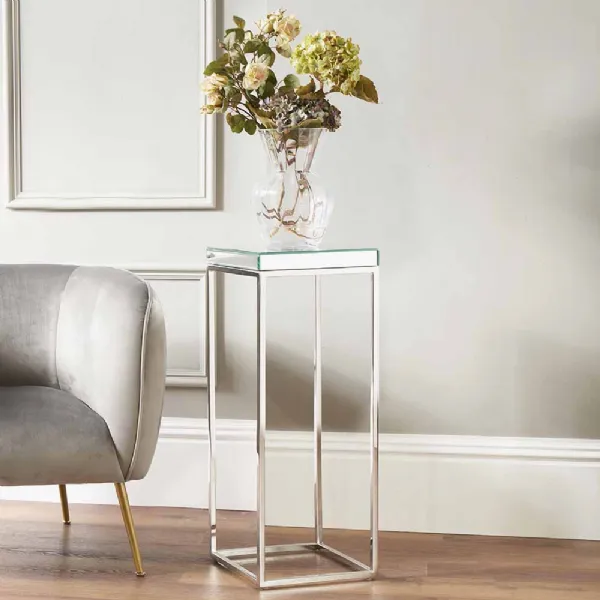 Mirrored Glass Top Square Side Table Silver Metal Framed