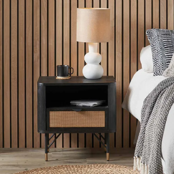 Black Acacia Wood Bedside Table with 1 Rattan Drawer
