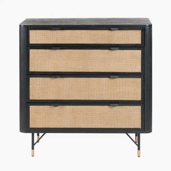 Fiji Black Acacia Wood and Natural Rattan 4 Drawer Unit