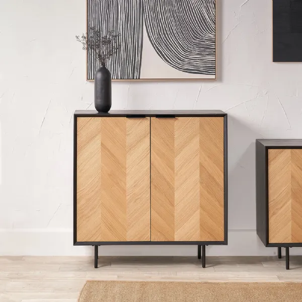 Black and Natural Chevron Patterned 2 Door Bar Cabinet