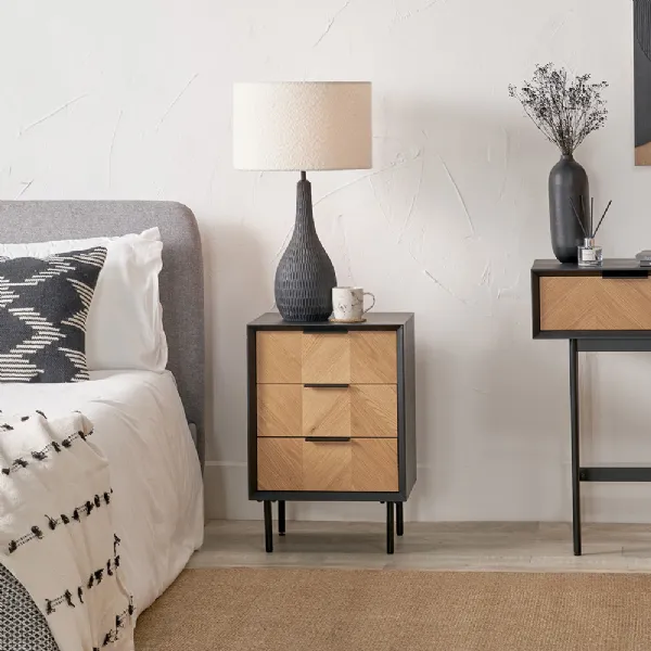 Black Pine Wood 3 Drawer Bedside Table Chevron Oak Front