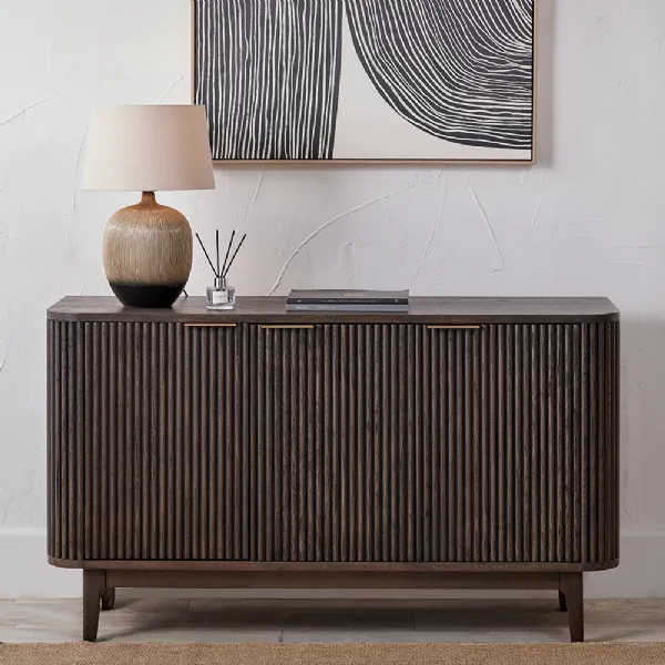 Dark Brown Ribbed Oak and Pine Wood 3 Door Sideboard