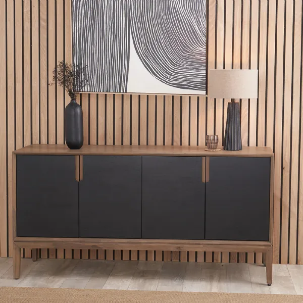 Black and Natural Acacia Wood 4 Door Wide Sideboard