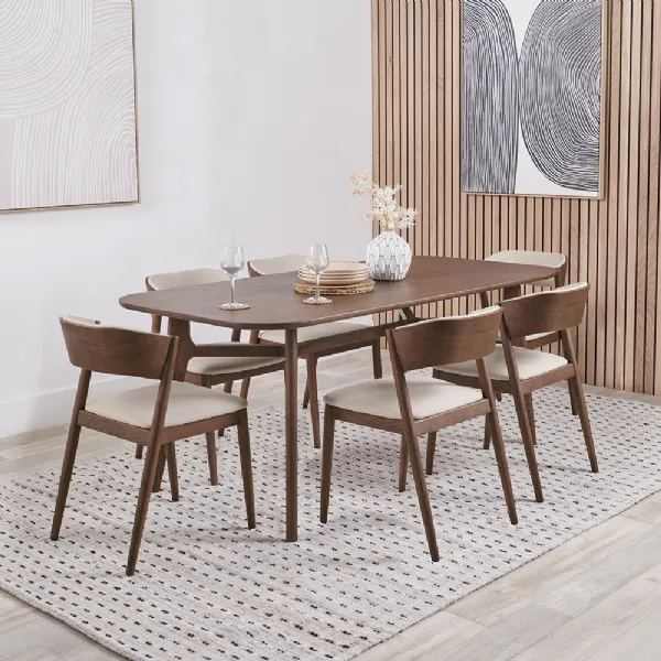 Elias Dark Ash Wood Retro Dining Table and 6 Chairs Set