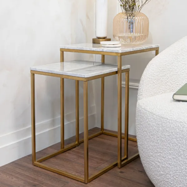 White Marble Top Nest of Tables Brushed Metal Base
