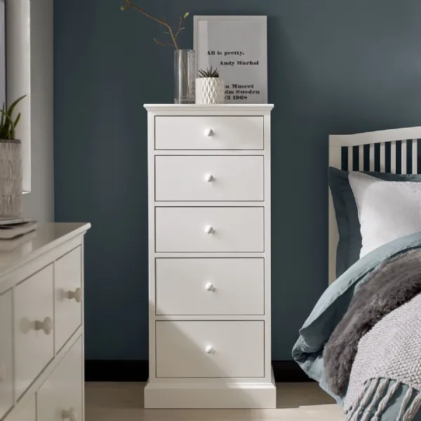 White Painted 5 Drawer Tall Chest of Drawers