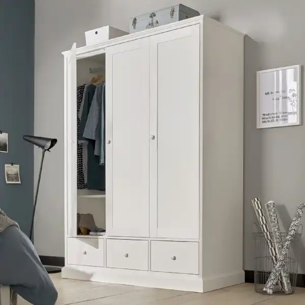 Tall Large White Painted Triple Wardrobe 3 Doors 3 Drawers